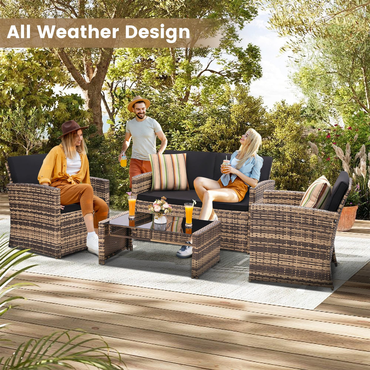 KROFEM 4 Piece Patio Furniture Set, Outdoor Wicker Conversation Set