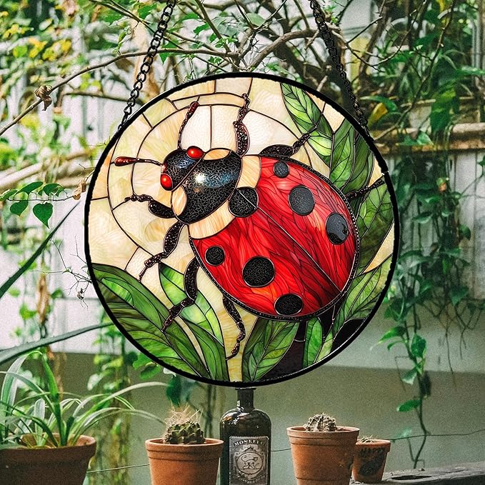 AMDERVEN Stained Glass Window Hanging - Red Seven-Spotted Ladybug Sun Catcher for Door Home Decor Insect Suncatcher Christmas Mother's Day Birthday Gifts for Women Men Mom Nana 15 in