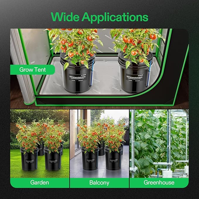 VIVOSUN DWC Hydroponics Grow System with Top Drip Kit, 5-Gallon Deep Water Culture, Recirculating Drip Garden System with Multi-Purpose Air Hose, Air Pump, and Air Stone (4 Buckets + Top Drip Kit)