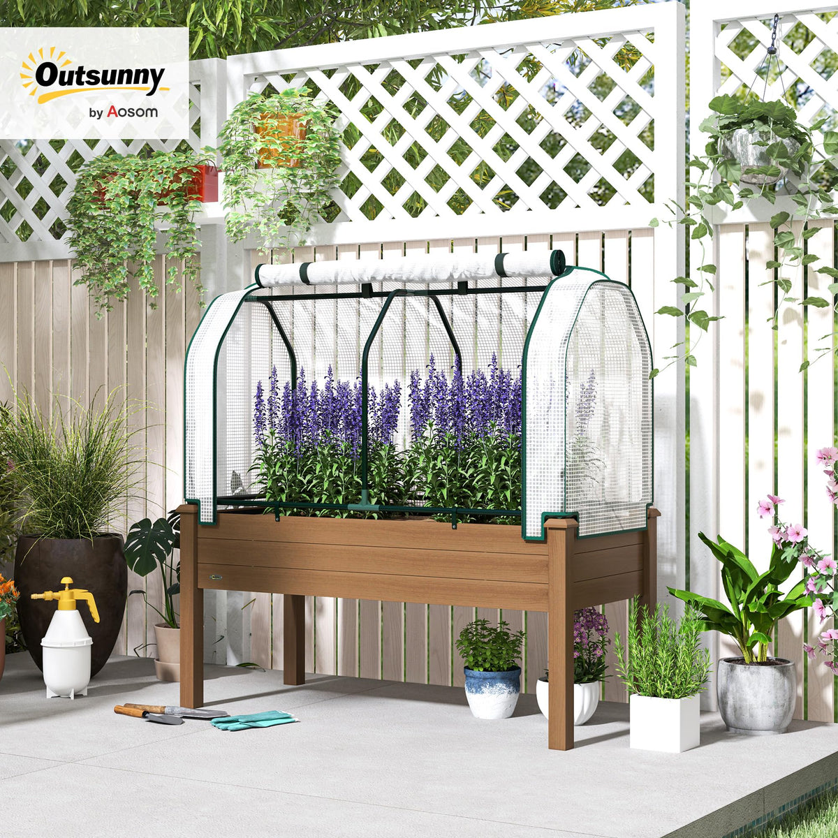 Outsunny Raised Garden Bed with PE Greenhouse Cover 48x22x46 inch Brown