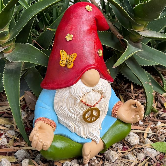 Mood Lab Garden Gnome - Funny Zen Hippie Gnome Figurine - 9.1 Inch Tall Lawn Statue - for Outdoor or House Decor