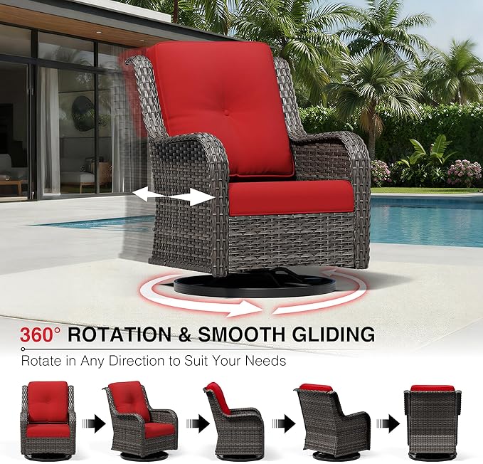 Joyside 5 Piece Wicker Patio Furniture Set, Outdoor Swivel Rocker Patio Chairs with High Back, Deep Seating, Wide Armrest, Thickened Cushions, Outdoor Furniture for Deck, Porch Use