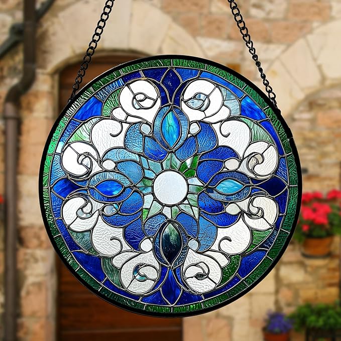 DASTOLL Stained Glass Window Hanging, Boho Style Sun Catchers Diamond Glass Panel Hangings Tiffany Suncatcher Decor for Birthday for Women, Men, Wife, Aunt, and Mom 11.8x11.8 in