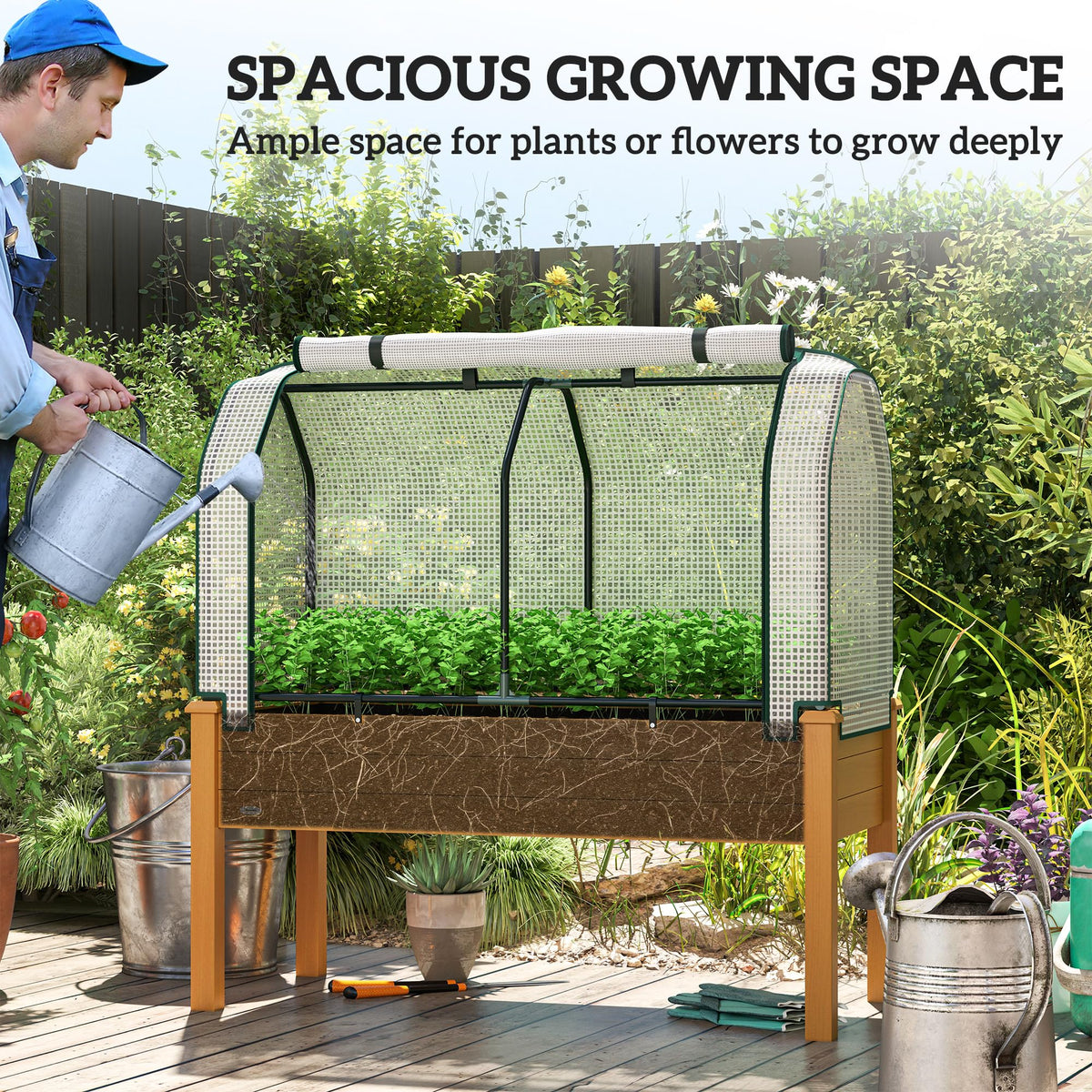 Outsunny Raised Garden Bed with PE Greenhouse Cover 48x22x46 inch Sand