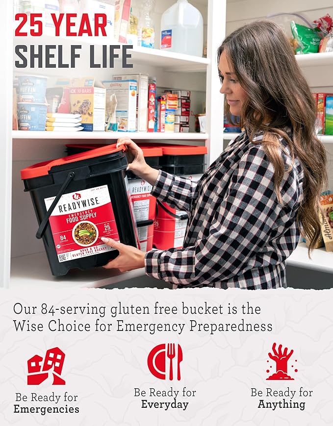 ReadyWise Emergency Food Supply - 84 Servings Gluten Free Survival Food Bucket, Dehydrated Meals & Freeze Dried Food for Backpacking, Camping Essentials & Emergency Supplies, up to 25 Year Shelf Life