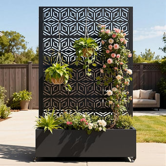 Metal Planter Box with Trellis, Galvanized Steel Raised Garden Bed with Privacy Screen, Lockable Casters, 73"x47"x16" Planter with Drainage Holes for Outdoor Climbing Plants, Vegetables, Patio