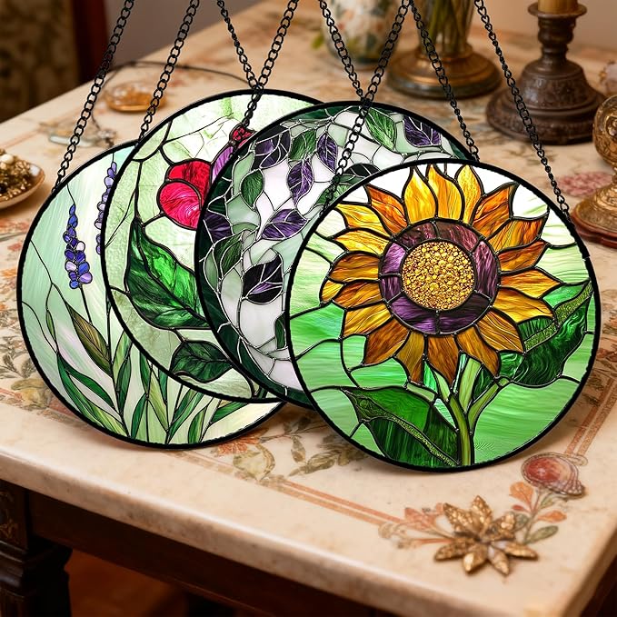 AMDERVEN Stained Glass Window Hanging 4 Pcs Set Red Roses Yellow Sunflowers Large 15" - Flower Suncatcher Door Garden Sun Catcher Decor Birthday Mother's Day for Mom Woman Nana Girl