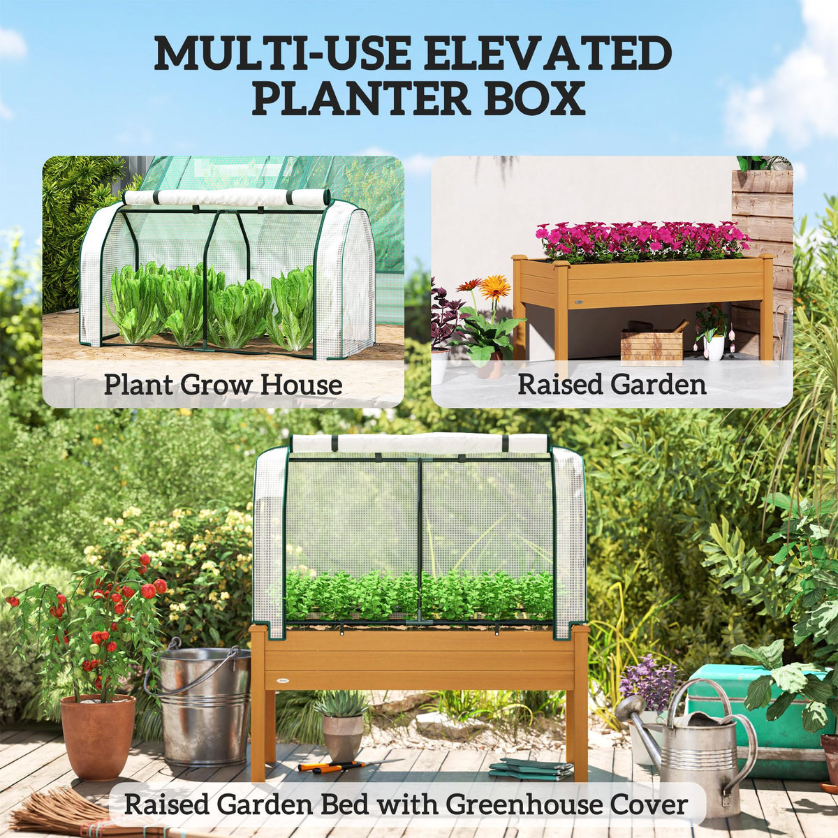 Outsunny Raised Garden Bed with PE Greenhouse Cover 48x22x46 inch Sand