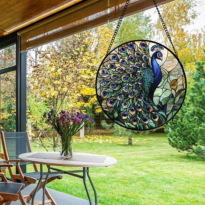 DASTOLL Stained Glass Window Hanging, Blue Green Peacock Decor Suncatcher for Door Garden Home Decoration Bird Sun Catchers Christmas Mother's Day Birthday Gifts for Women Men Mom Nana Friend 11.8 in