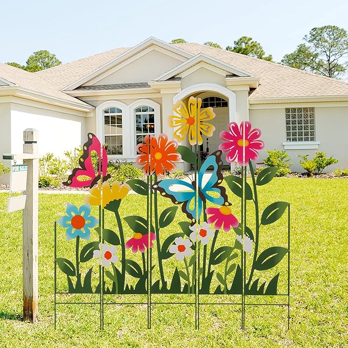 Glitzhome 40" Height Decorative Garden Stakes, 5 Pieces Metal Flowers & Butterfly Outdoor Stakes Decor, Spring Summer Garden Colorful Ornaments Yard Art Sign for Outside Lawn Backyard Patio Decor
