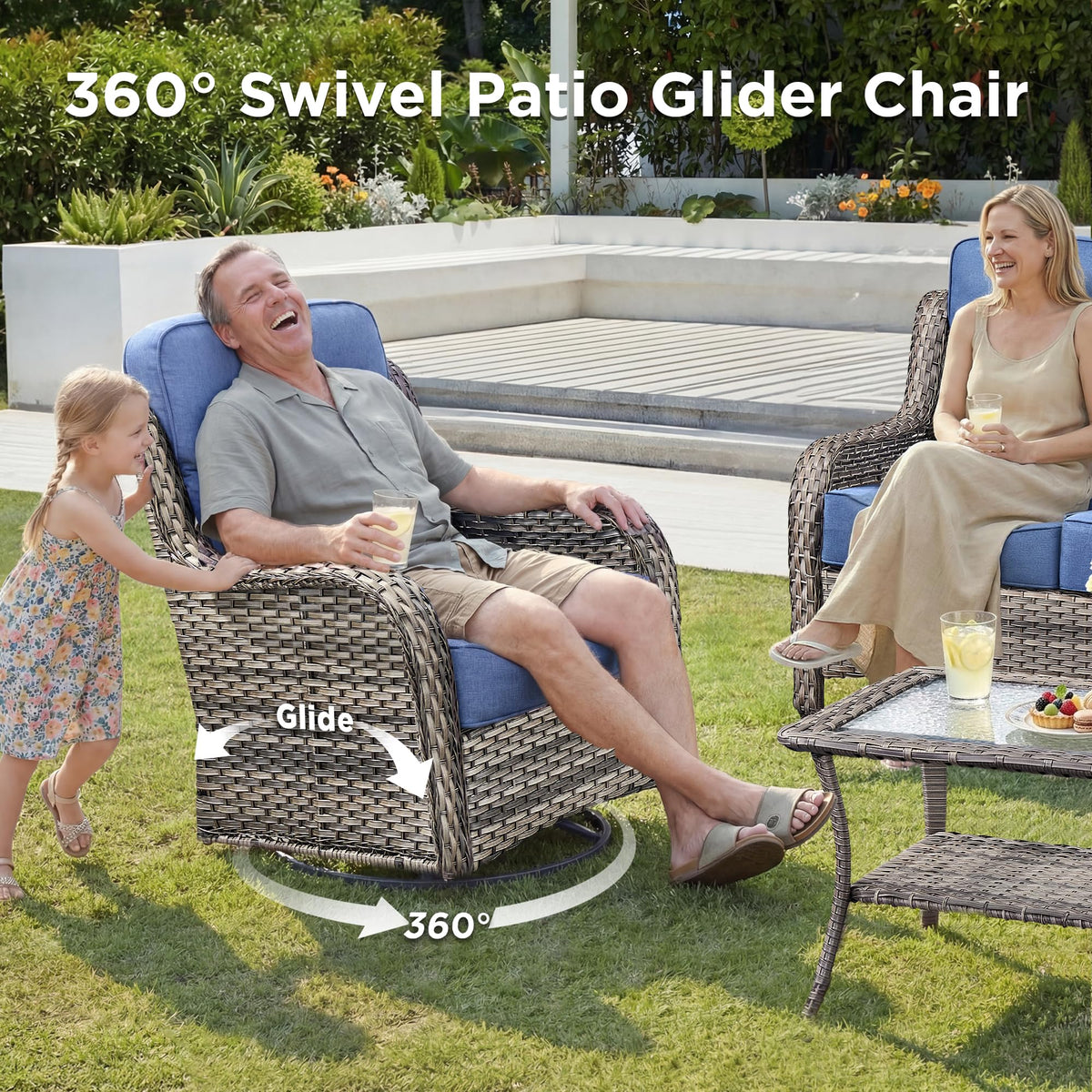 Luxury 8 Pieces Outdoor Patio Furniture Set-All Weather Wicker Swivel Rocker Patio Chairs with 6" Thick Cushion Rattan Sofa Coffee Table, Outdoor Conversation for Garden Porch Backyard(Grey/Blue)