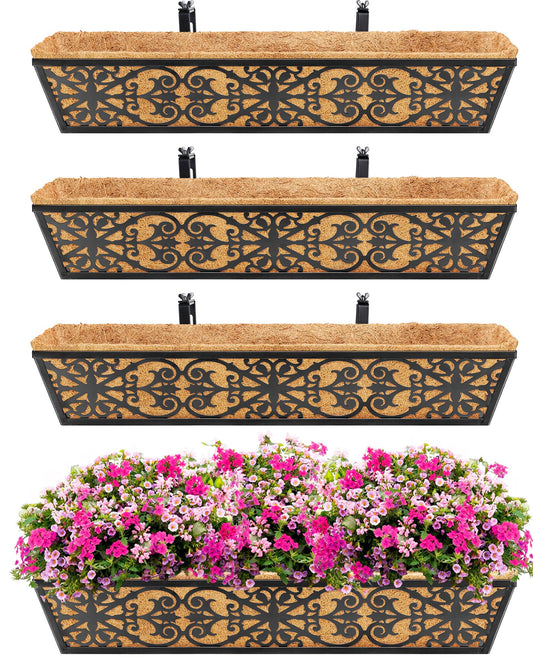Karlliu 4 Pack 30 Inch Window Boxes Planters Railing Planter Box with Adjustable Brackets & Coco Liners Fabric Plant Grow Bags Deck Railing Planter Boxes Balcony Hanging Flower Box for Outdoor Plants