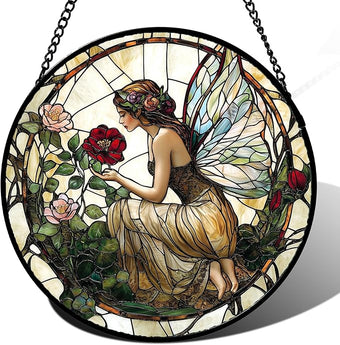JOSUMALY Stained Glass Window Hanging - Butterfly Flower Fairy Suncatcher for Door Terrace Garden Home Decor Yellow Green Plants Sun Catcher Birthday Gifts for Lovers Women Men Dad Mom Nana 6.3 in