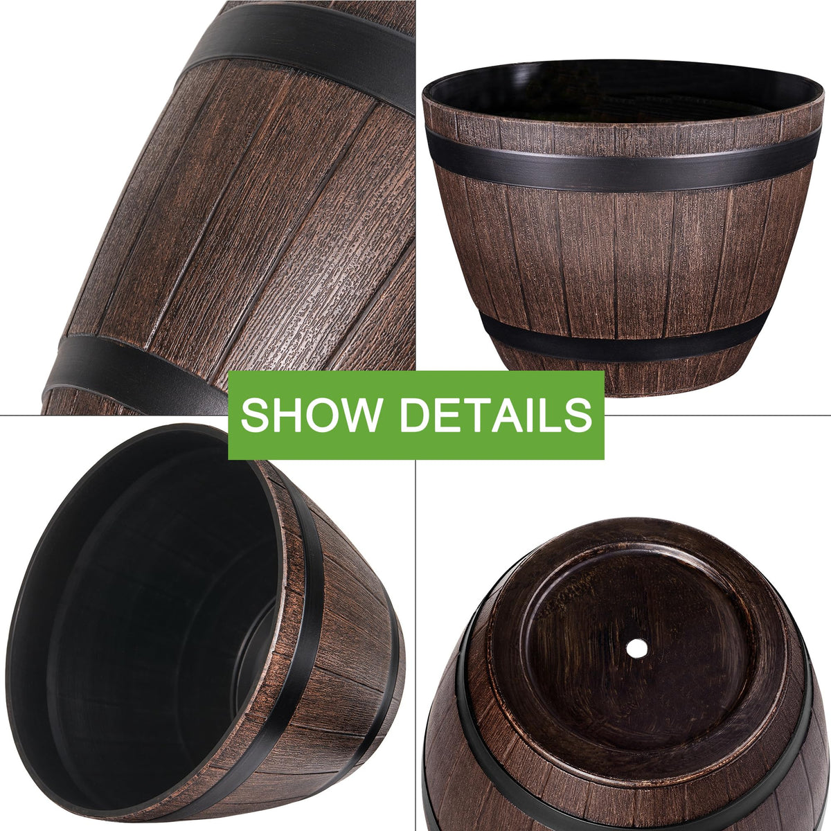 VECELO Plant Pots with Drainage Holes & Saucer, 9/11.3/13 Inch Flower Pots with Tray, 3 Pack Plastic Whiskey Barrel Planters for Indoor & Outdoor Garden Home Plants and Flowers