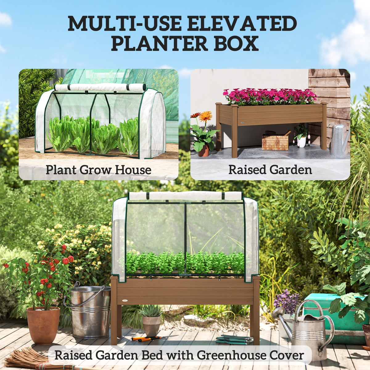 Outsunny Raised Garden Bed with PE Greenhouse Cover 48x22x46 inch Brown