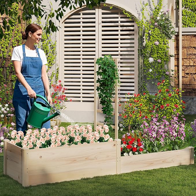 Giantex Wooden Raised Garden Bed with Trellis & 2 Planter Boxes, Raised Bed for Vegetables Flowers Vine Fruits Herbs Gardening Planting, Outdoor Garden Box for Patio Backyard Lawn