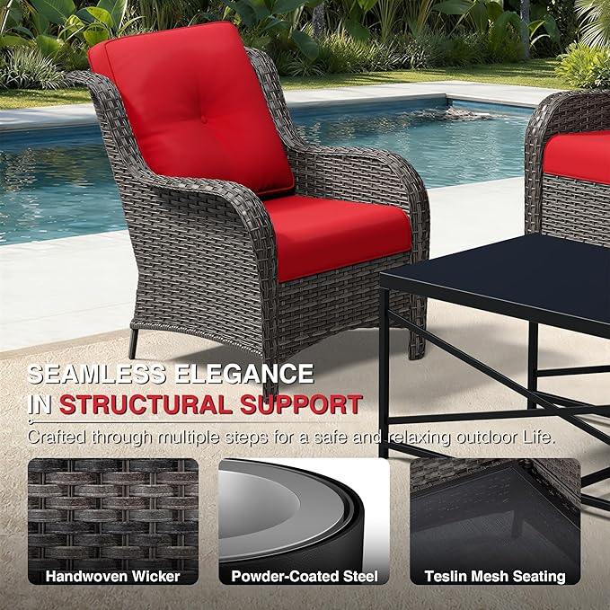 Joyside 6 Piece Wicker Patio Furniture Set, Rattan Patio Chairs with High Back, Deep Seating, Wide Armrest, Thickened Cushions, Outdoor Furniture for Deck, Porch Use