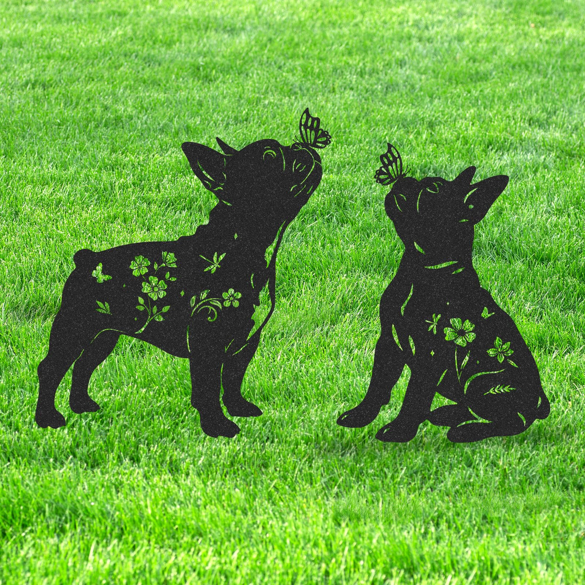 LIRAVENO French Bulldog Garden Decor - 2 Pcs Metal Animal Statue Set