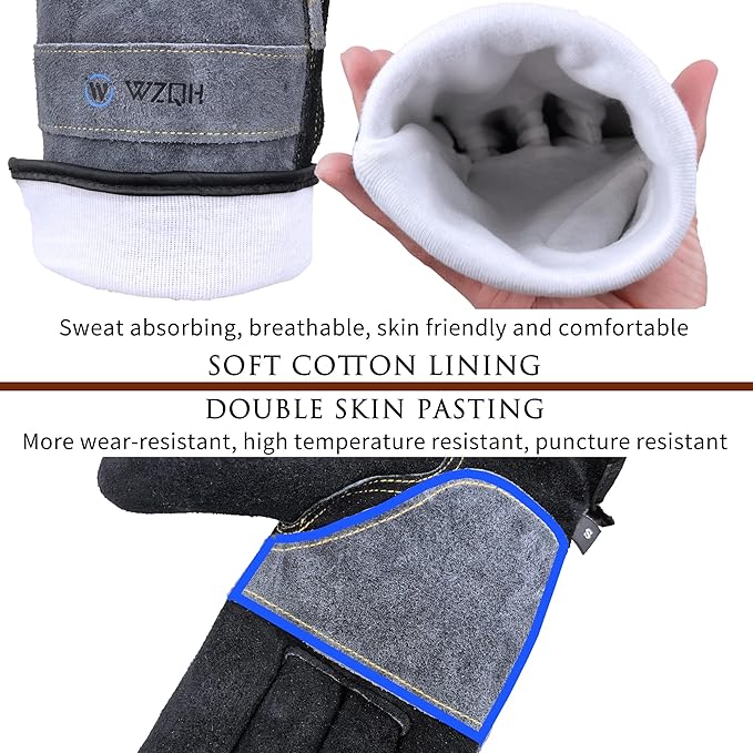 Leather Work Gloves for Men or Women, Large Glove for Gardening, Tig/Mig Welding, Construction, Chainsaw, Farm, Ranch, etc. Cowhide, Cotton Lined, Utility, Firm Grip, Durable. Grey-Black L