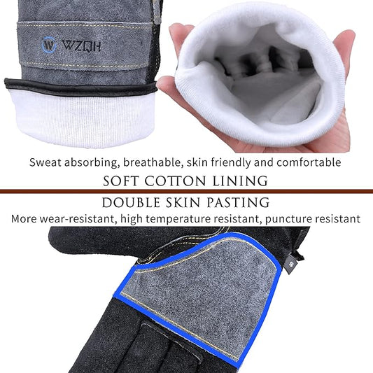 Leather Work Gloves for Men or Women, Large Glove for Gardening, Tig/Mig Welding, Construction, Chainsaw, Farm, Ranch, etc. Cowhide, Cotton Lined, Utility, Firm Grip, Durable. Grey-Black L