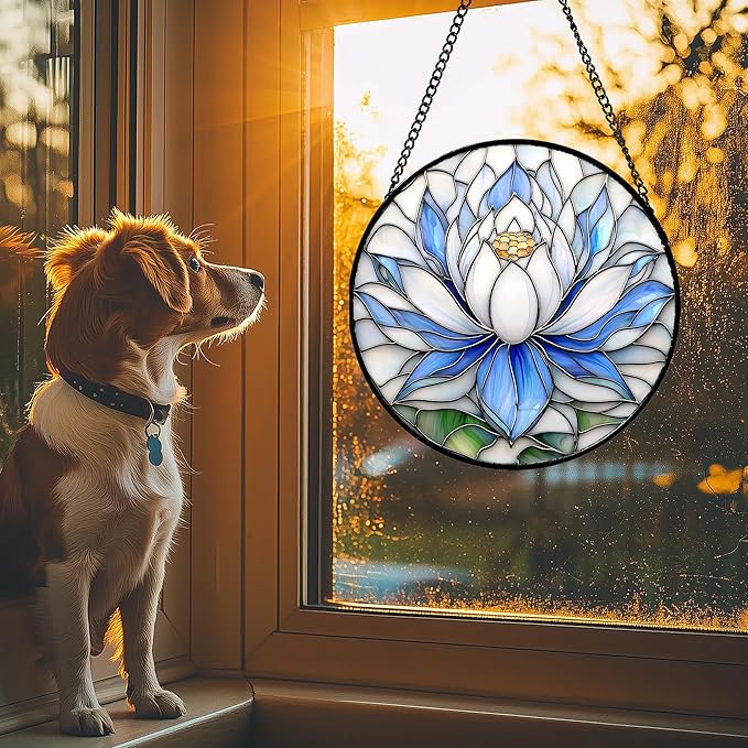 HWRHTR Stained Glass Window Hanging - Blue and White Lotus Petal Suncatcher for Doors Window Home Sun Catchers Decor Christmas Mother's Day July Birthday Gifts for Teacher Women Men Mom Nana 14.9 in