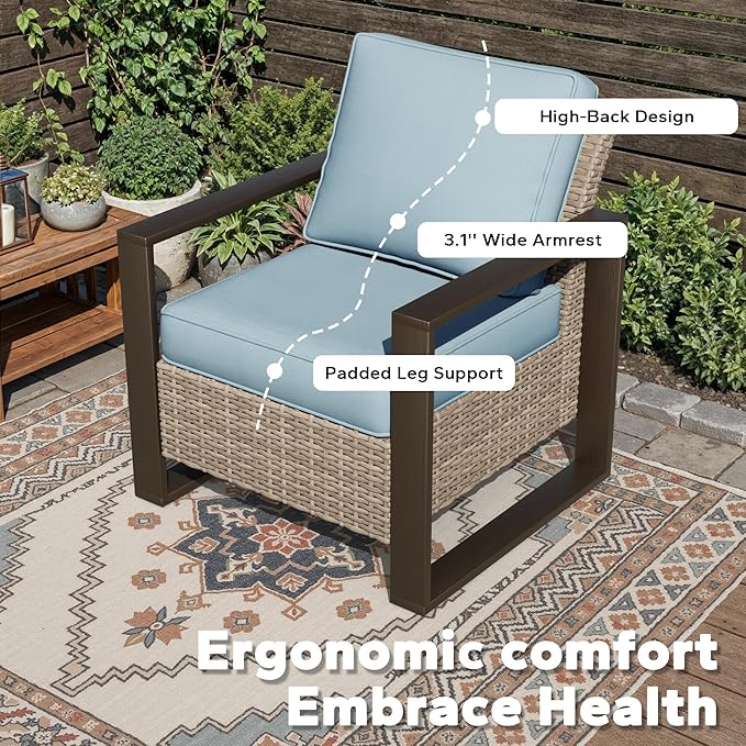 Joyside Outdoor Patio Chairs, 3 Pieces Wicker Rattan Furniture Set, 2 Patio Chairs and 1 Table, Metal Wide Armrest, Thick Cushions and Deep Seating for Garden, Backyard, Porch, Deck