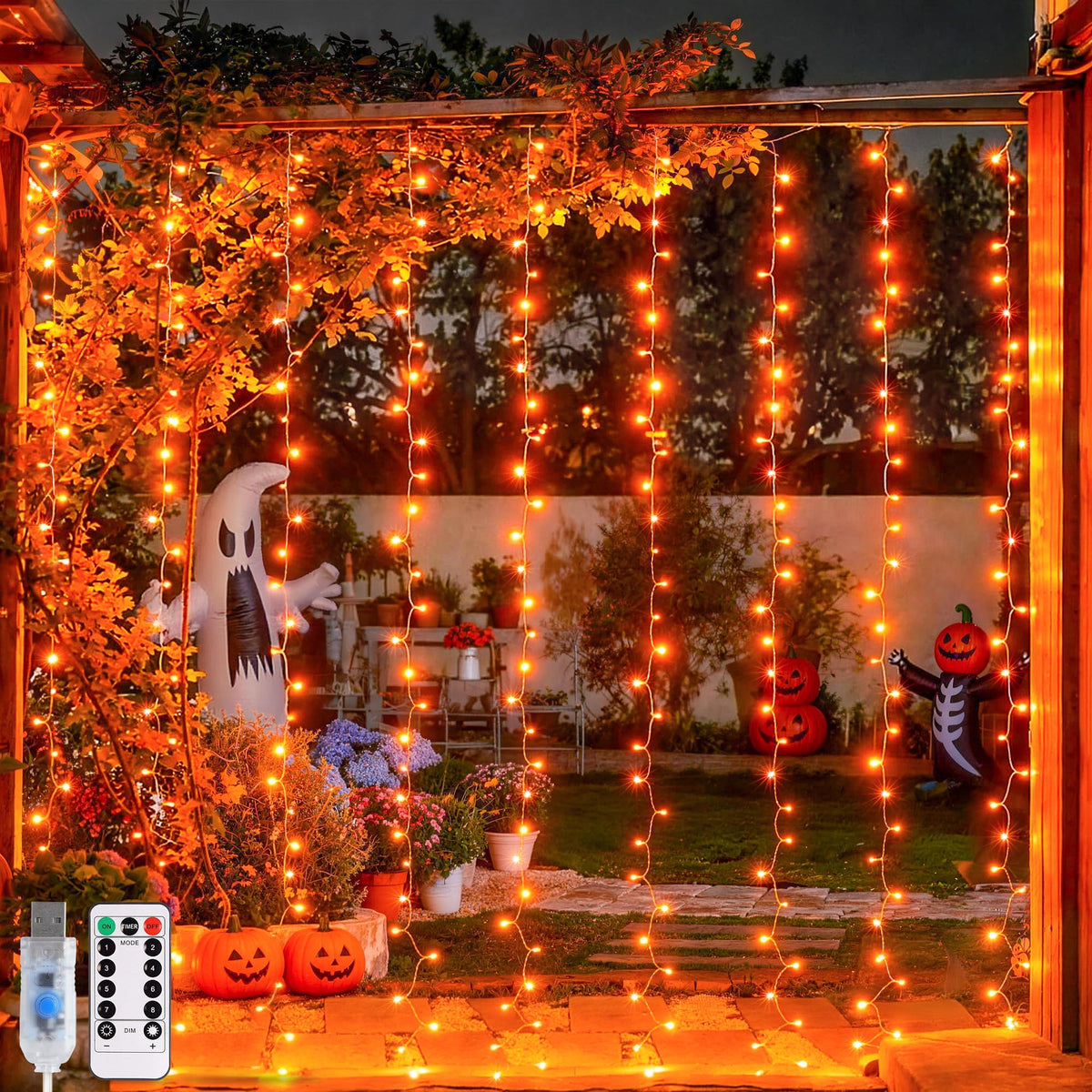 JMEXSUSS Orange Curtain Lights for Halloween, USB Plug in, 200 LED