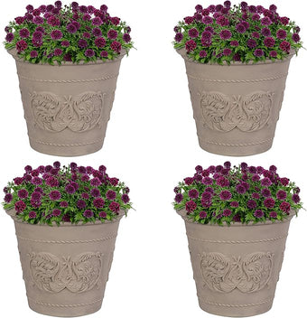Sunnydaze 19.5-Inch Arabella Large Plant Pot - Polyresin Round Outdoor Planter with Drillable Drainage Holes - 4 Pack - Beige
