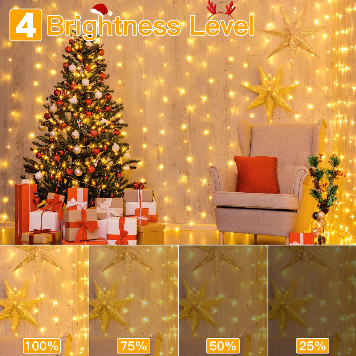 Ollny 2 Pack Curtain Lights, 400LED 6.6x6.6ft Fairy Lights with Remote