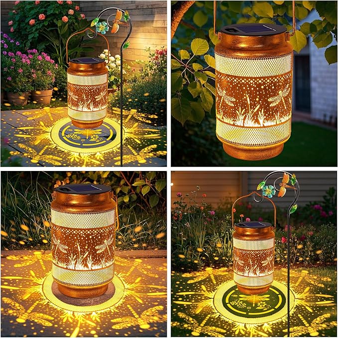 Dragonfly Solar Lanterns Outdoor Waterproof with Shepherd Hook, Birthday Gifts for Women Mom Grandma, Metal Solar Hanging Lights Garden Decor for Outside Yard Patio Pathway Backyard Porch