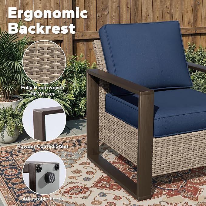 Joyside Outdoor Patio Chairs, 3 Pieces Wicker Rattan Furniture Set, 2 Patio Chairs and 1 Table, Metal Wide Armrest, Thick Cushions and Deep Seating for Garden, Backyard, Porch, Deck
