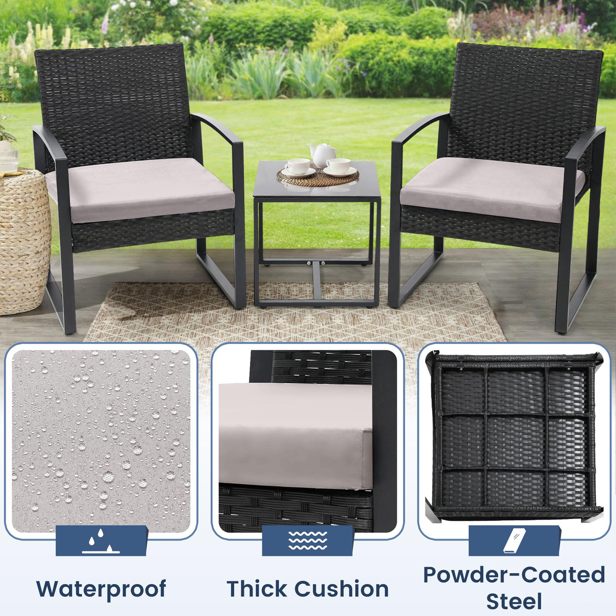 Murago 3-Piece Wicker Patio Bistro Set, Patio Conversation Set