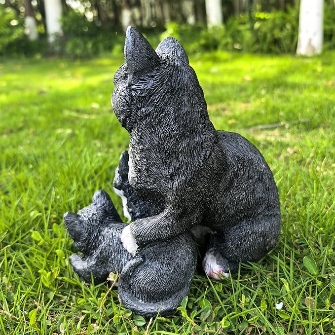 Mama Cat and Kitten Garden Statue,Outdoor Lawn Decorative Figurine Black Cat Statue for Patio Yard,Funny Animal Flower Bed Decor Art Sculpture