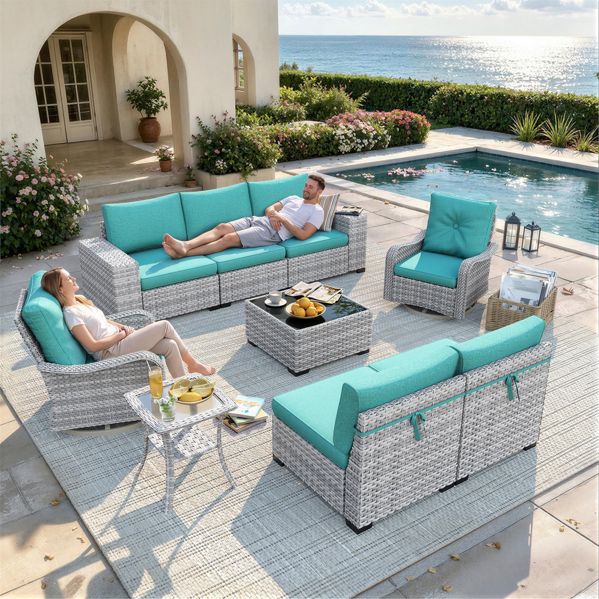 9 Piece Outdoor Wicker Patio Furniture Set with Swivel Chairs