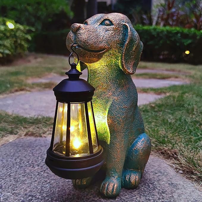 Dog Garden Statue Outdoor Décor with Solar Lights Lantern,Dog Solar Light Figurines Outside Decorations for Yard，Lawn ,Patio, Balcony, Unique Housewarming Gifts