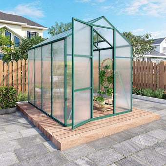 6x8 FT Greenhouse,Outdoor Polycarbonate Greenhouse with Roof Vent & Integrated Gutters,Aluminum Walk-in Green House W/ Reinforced Frame for Outside Garden Backyard,Green