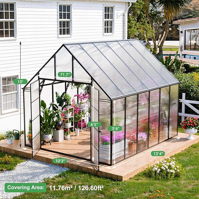 CDCASA 12x10x10 FT Greenhouse for Outdoors, Easy Assembly Large Aluminum Heavy Duty Polycarbonate Greenhouses Kit w/2 Windows, Swing Door, Outsides Walk-in Green House Sunroom for Backyard Garden