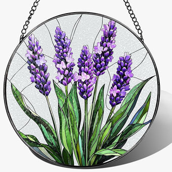 Stained Glass Window Hanging, 8 Inch Lavender Stained Glass Suncatcher, Flower Sun Catcher, Window Hanging Decor, Flower Lovers Gift for Her, Housewarming Gift, Gifts for Lover, Bestie and Couple