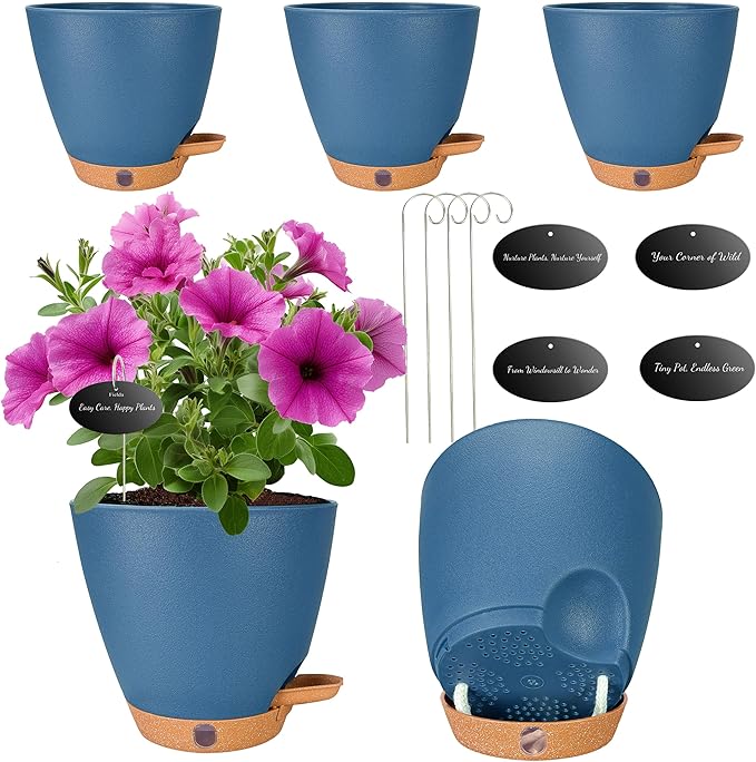 6 Inch Self Watering Pots for Indoor Plants (5-Pack) – Small Plastic Planters with Water Window, Drainage Holes & Trays, Indoor Outdoor Flower Pots for Herbs, Succulents, Home Garden Decor (Navy Blue)