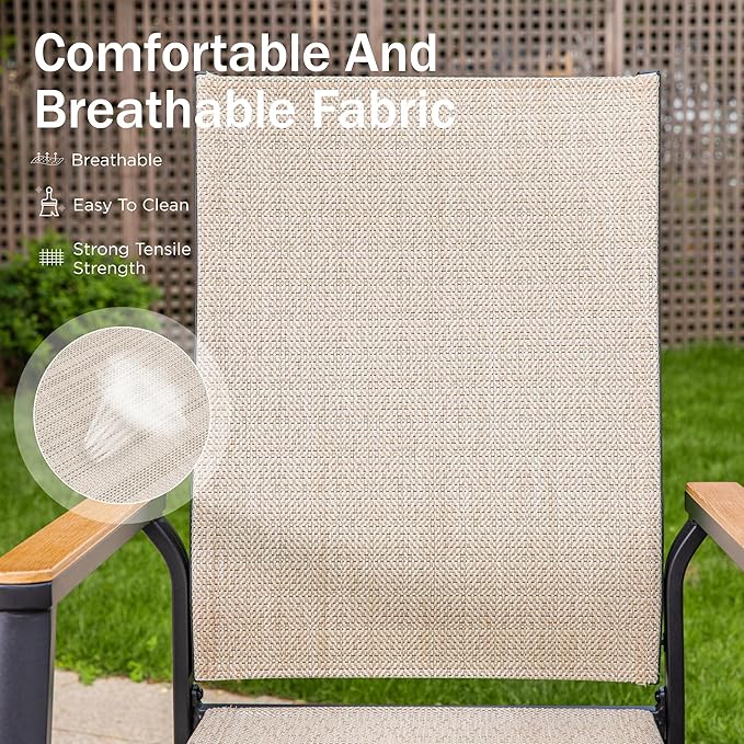 PHI VILLA Outdoor Stackable Chairs, Patio Chairs Set of 6, Light Weight Aluminum Frame with Textilene Fabric & Wood Armrest, High Back Deck Chairs for Poolside Lawn Garden, Beige