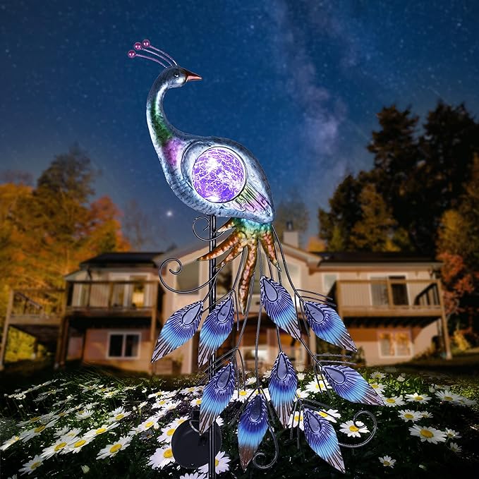 TERESA'S Collections Yard Decorations Outdoor for Garden Decor, Peacock Solar Outdoor Lights, 35.4'' Metal Lawn Ornaments for Outside with Crackle Glass Ball, Decorative Stake Gifts for Mom