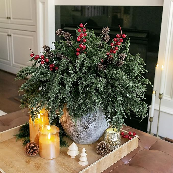Faux Cedar Stems Artificial Norfolk Pine Branches for Christmas Decorations, 17 PCS Faux Pine Stems with Pinecones Red Berries Branches Realistic Faux Greenery for Vases DIY Garland Xmas Table Indoor