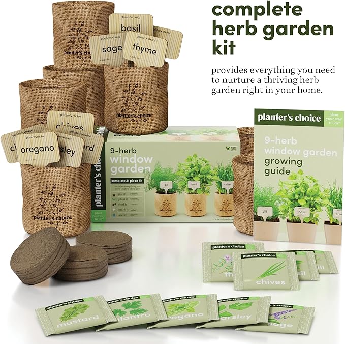 Planters' Choice 9 Herb Indoor Window Garden Kit - House Plants Seeds - Best Unique Christmas Gift Ideas for Women, Mom, Friend, Her, Birthday, Housewarming, Mother - New Home Kitchen Gifts