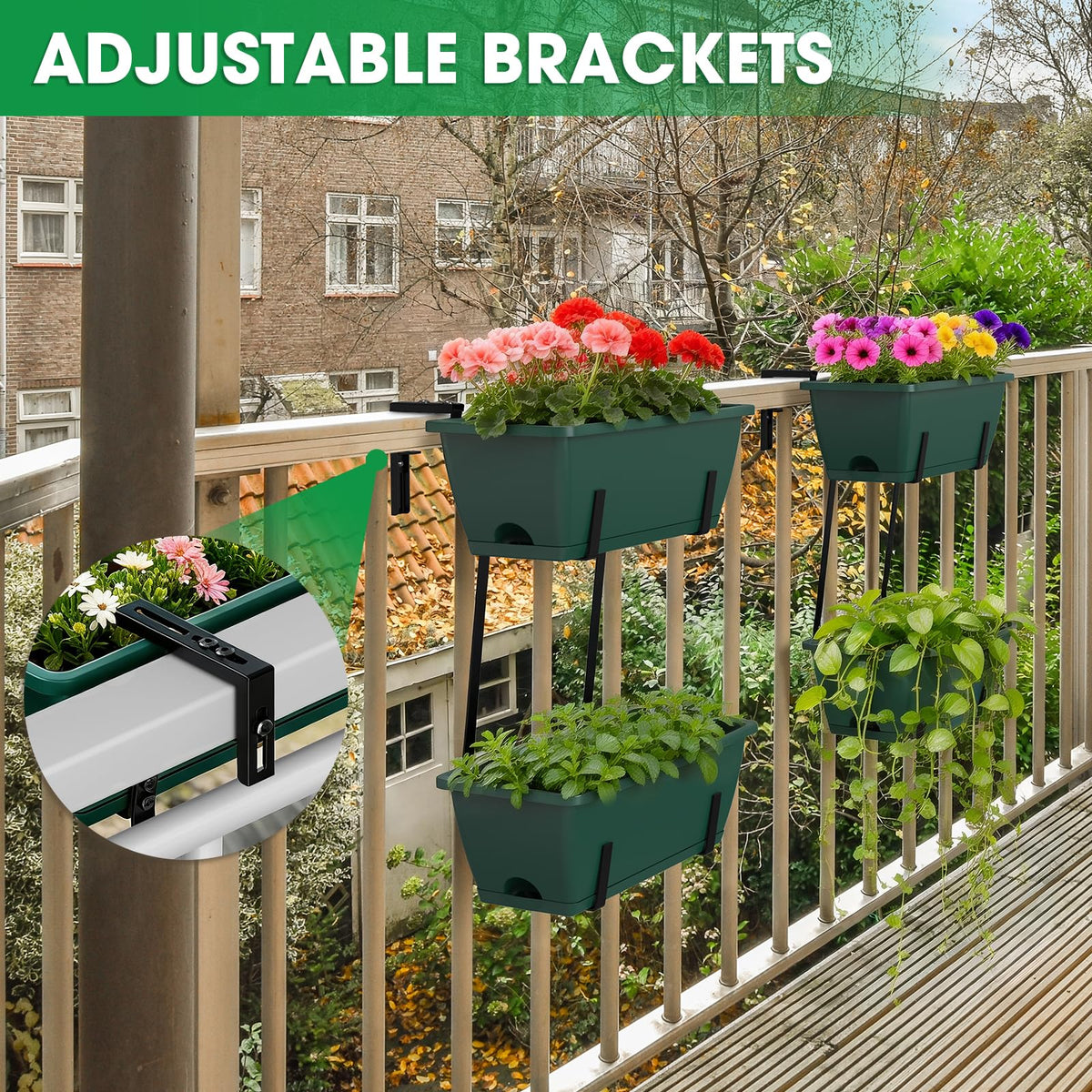 4 Pcs Hanging Flower Pots, 16.9 Inches Railing Planter Box, Green
