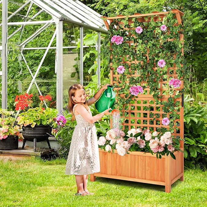 S AFSTAR Planter with Trellis Set of 2, 35.5x17.5x72.5 inch Wood Planter Box with Lattice Trellis & Hanging Roof, Removable Base, Plant Box for Climbing Plant Flower Rose Grape Cucumber