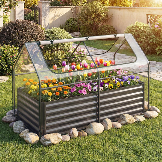 S AFSTAR 3-in-1 Raised Garden Bed with Greenhouse Cover, 6FT x 3FT x 4FT Galvanized Bottomless Planter Box Kit with Dual Roll-Up Screen Windows, Outdoor Mini Greenhouse for Vegetables (Black & Clear)