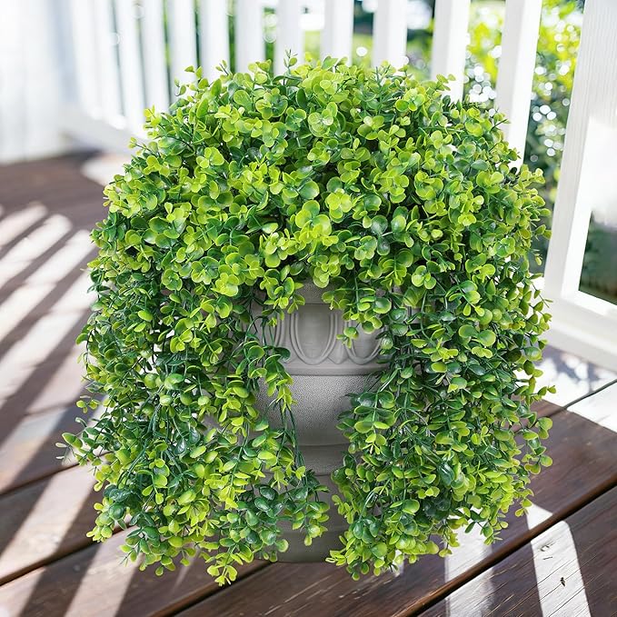 Faux Outdoor Plants Fake Hanging Plants for Outdoors Outside Decorations, 2 Pcs Green Faux Eucalyptus Stems Realistic UV Resistant Artificial Greenery for Planters Porch Garden Yard Front Door Patio