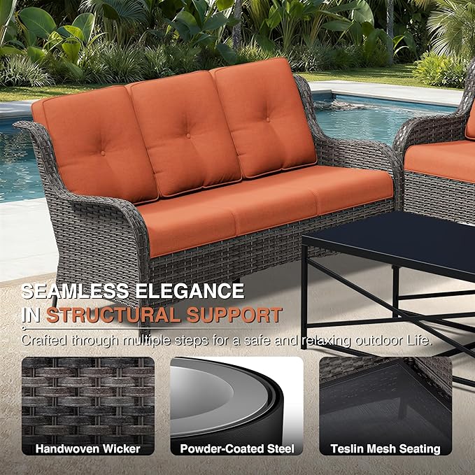 Joyside 6 Piece Wicker Patio Furniture Set, Outdoor Swivel Rocker Patio Chairs with High Back, Deep Seating, Wide Armrest, Thickened Cushions, Outdoor Furniture for Deck, Porch Use