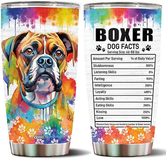 WONWIX Gifts for Boxer Lovers 20 Oz Stainless Steel Tumbler Travel Coffee Mug Birthday Christmas New Year Thanksgiving Easter Gift Ideas for Dog Lovers Owners Boxers Mom Funny Facts Water Bottle