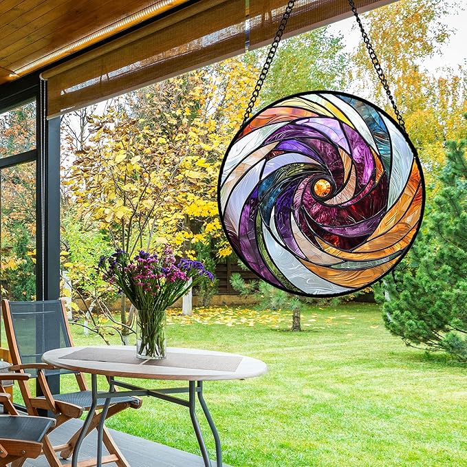 Stained Glass Window Hanging, Colorful Abstract Spiral Pattern Suncatcher for Doors Window Home Sun Catchers Decoration Mother's Day Birthday Gifts for Women, Men, and Mom 15 in